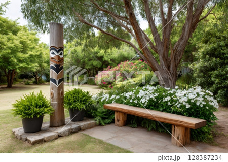Totem pole standing tall in peaceful garden with wooden bench 128387234