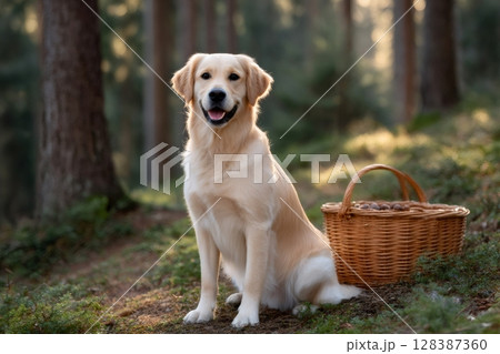Golden retriever sitting in forest next to basket full of nuts 128387360