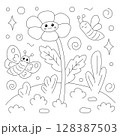Cute and funny coloring page of a big flower and butterfly 128387503