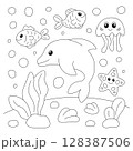 Coloring page with cute dolphin, fish and starfish 128387506