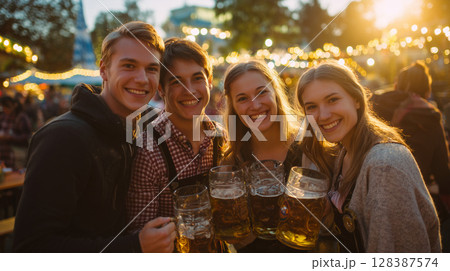 Friends in traditional Bavarian attire raising beer steins, celebrating Oktoberfest sunset in Munich with festive camaraderie 128387574