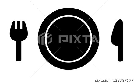 かわいい皿とフォークとナイフのイラスト_16:9 128387577
