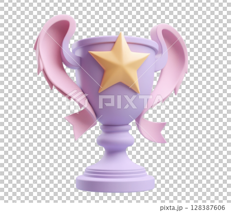 Purple trophy with pink ribbons and golden star celebrating victory 128387606