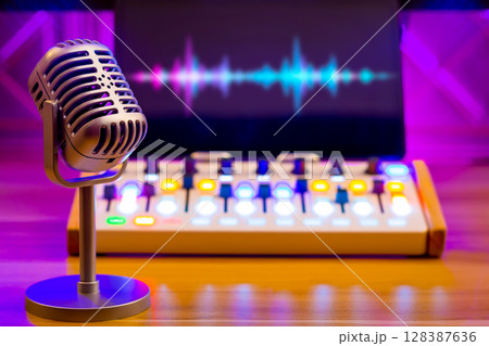 microphone on audio mixer and monitor showing waveform background microphone on audio mixer and monitor showing waveform background 128387636