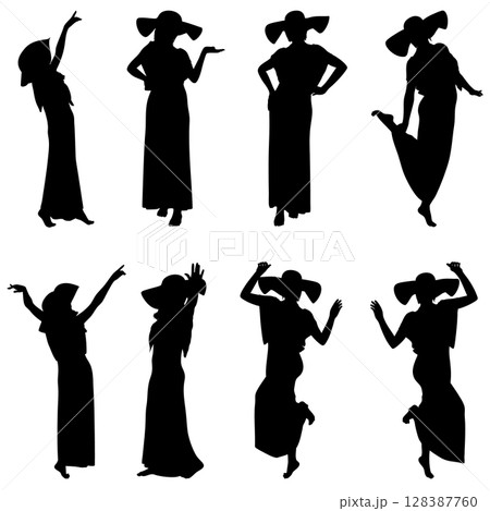 Girl in long dress and wide brimmed hat silhouette Girl in long dress and wide brimmed hat silhouette 128387760