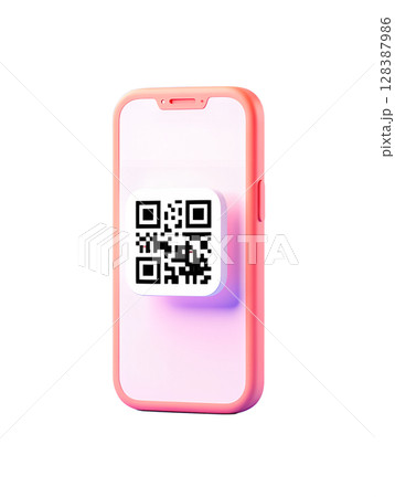 Smartphone screen displaying qr code 3d render, scannable digital barcode isolated for marketing concepts 128387986