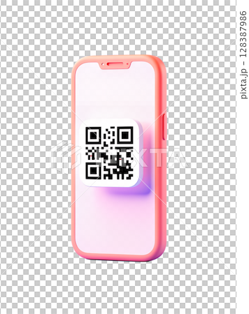 Smartphone screen displaying qr code 3d render, scannable digital barcode isolated for marketing concepts 128387986