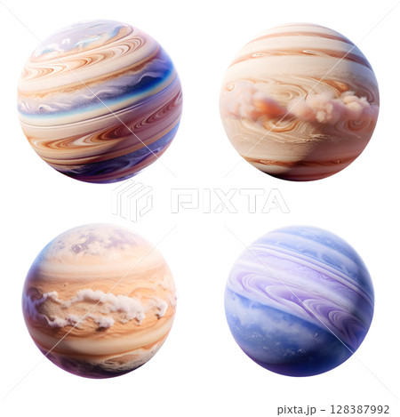 Gas giant planets with swirling storm atmospheres, exoplanets isolated for astronomy visuals Gas giant planets with swirling storm atmospheres, exoplanets isolated for astronomy visuals 128387992