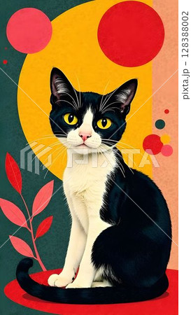 Black and white cat sits gracefully against colorful abstract background with bold shapes 128388002
