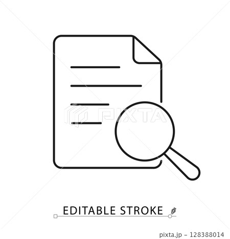 A result review icon in minimalist style with editable stroke. Document inspection, magnifier tool, file analysis, report evaluation, data check, paper research, outline vector illustration. A result review icon in minimalist style with editable stroke. Document inspection, magnifier tool, file analysis, report evaluation, data check, paper research, outline vector illustration. 128388014