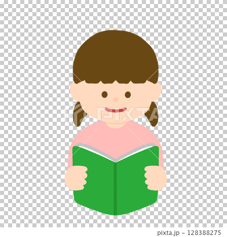 Illustration of a girl reading a book with a smile 128388275