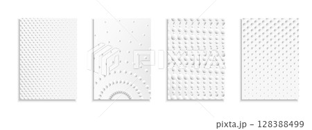 Collection of vector white futuristic dotted templates, posters, placards, brochures, banners, flyers, backgrounds and etc. Contemporary abstract point halftone covers - geometric minimal flat design 128388499