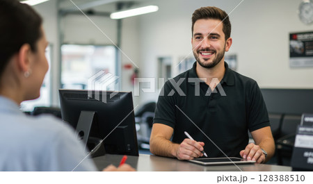 Smiling male service agent assisting a customer at a counter in a modern office environment Smiling male service agent assisting a customer at a counter in a modern office environment 128388510
