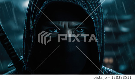 Intense close up portrait of mysterious ninja assassin with sword in dark rainy night city Intense close up portrait of mysterious ninja assassin with sword in dark rainy night city 128388511