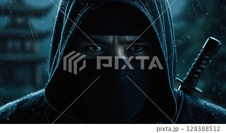 Close up portrait of a mysterious ninja warrior with intense eyes in a dark, rainy setting Close up portrait of a mysterious ninja warrior with intense eyes in a dark, rainy setting 128388512
