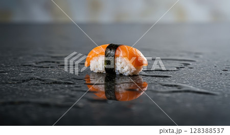 Fresh salmon sushi nigiri with reflection on a wet dark textured surface, ready to eat 128388537