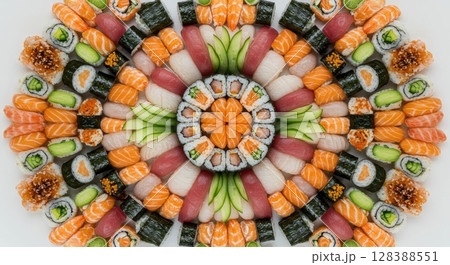 Artfully arranged sushi and maki rolls forming a beautiful circular pattern on a white surface 128388551