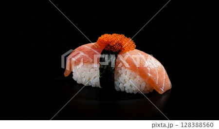 Exquisite salmon sushi nigiri with bright orange roe on a sleek black background Exquisite salmon sushi nigiri with bright orange roe on a sleek black background 128388560