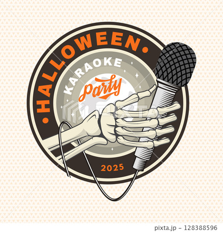 Halloween karaoke party patch design. Vector illustration. For holiday Halloween design sticker, shirt, logo, badge, decorations, cards, banner with skull hand hold microphone silhouette. 128388596