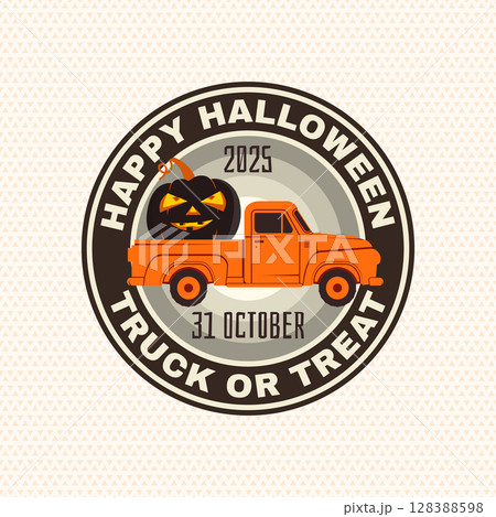 Happy Halloween. Truck or treat party patch design. Vector illustration. For holiday Halloween sticker design, shirt, logo, badge, decorations, cards, banner with Pumpkin Pickup Truck silhouette. Happy Halloween. Truck or treat party patch design. Vector illustration. For holiday Halloween sticker design, shirt, logo, badge, decorations, cards, banner with Pumpkin Pickup Truck silhouette. 128388598
