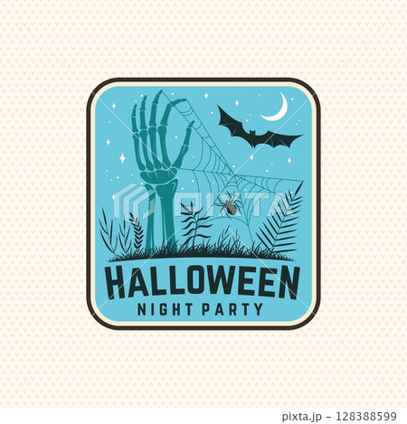 Halloween night party patch design. Vector illustration. For holiday Halloween sticker design, shirt, logo, badge, decorations, cards, banner with skull hand sticking out of grave silhouette. Halloween night party patch design. Vector illustration. For holiday Halloween sticker design, shirt, logo, badge, decorations, cards, banner with skull hand sticking out of grave silhouette. 128388599