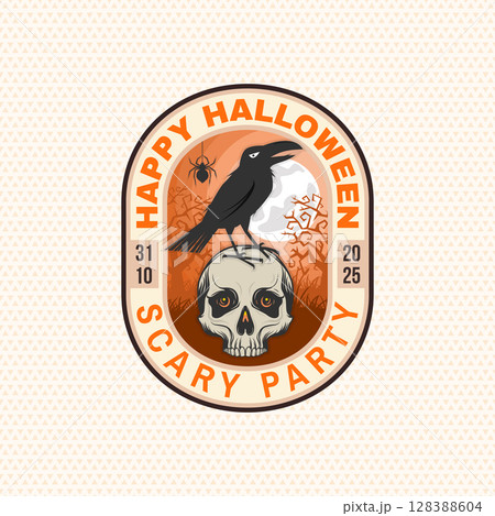 Halloween scary party patch design. Vector illustration. For holiday Halloween sticker design, shirt, logo, badge, decorations, cards, banner with human skull and raven bird silhouette 128388604
