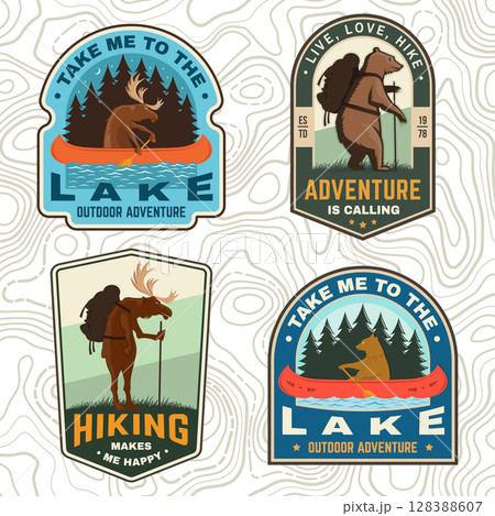 Take me to the lake and hiking makes me happy camping quote. Vector. Patches design with hiking moose and bear. Outdoor adventure. Take me to the lake and hiking makes me happy camping quote. Vector. Patches design with hiking moose and bear. Outdoor adventure. 128388607