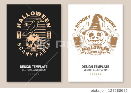 Happy Halloween flyer, poster, banner design. Vector illustration. For holiday Halloween design, shirt, logo, badge, decorations, cards, banner with pumpkin in wizard hat, beer, human skull and raven Happy Halloween flyer, poster, banner design. Vector illustration. For holiday Halloween design, shirt, logo, badge, decorations, cards, banner with pumpkin in wizard hat, beer, human skull and raven 128388635