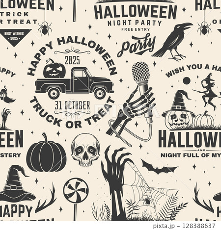 Happy Halloween flyer, poster, banner design. Vector illustration. For holiday Halloween design, shirt, badge, cards with flying witch on a broomstick and pumpkin in wizard hat, pickup truck 128388637