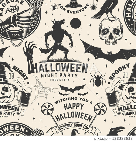 Halloween night party seamless pattern or background. Vector illustration. Seamless scene for holiday Halloween wallpaper or wrapper with werewolf, skull hand hold microphone, wizard hat, spiders 128388638
