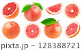 Collection of pink grapefruits whole and pieces isolated on white 128388721