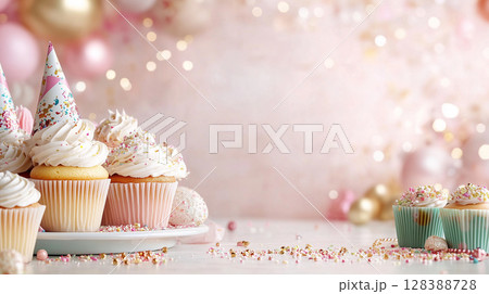 Elegant birthday celebration with cupcakes and balloons in pastel colors for party decor design. Background for greeting cards or party invitations. 128388728