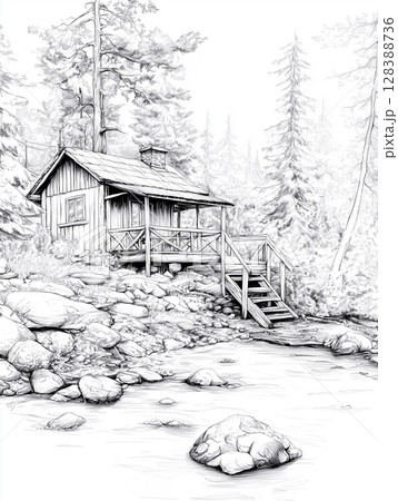 Forest cabin retreat near tranquil stream, line art for coloring 128388736