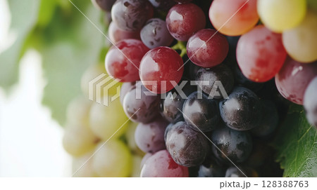 Closeup of fresh bunches of red and black grapes hanging on green leaf vine for autumn harvest concept 128388763