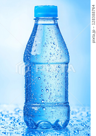 Refreshing cold water bottle with condensation and blue cap on wet surface. Bright mockup or hydration concept 128388764