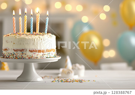 Homemade birthday cake with candles and sprinkles on festive blurred background for party invitation design or greeting card 128388767