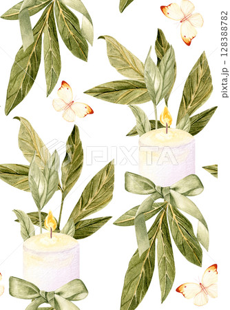 White candles, green tropical leaves, butterflies seamless pattern on pastel white background. Hand-painted. Ideal for romantic decor, wedding design, gift wrapping, packaging, branding and stationery 128388782