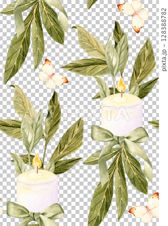 White candles, green tropical leaves, butterflies seamless pattern on pastel white background. Hand-painted. Ideal for romantic decor, wedding design, gift wrapping, packaging, branding and stationery 128388782