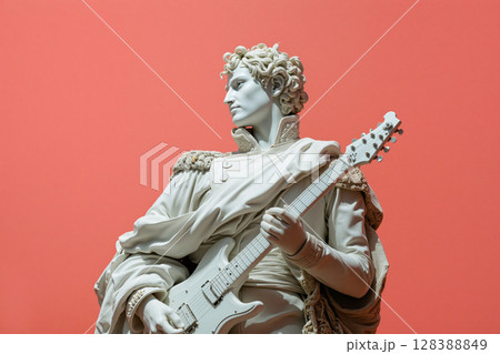 Sculpture of a musician with an electric guitar against a vibrant background in a modern art exhibit Sculpture of a musician with an electric guitar against a vibrant background in a modern art exhibit 128388849