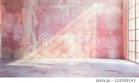 Luxury Provence interior with pale pink walls and geometric light play. Minimalist empty room design, copy space, free space for text 128389143