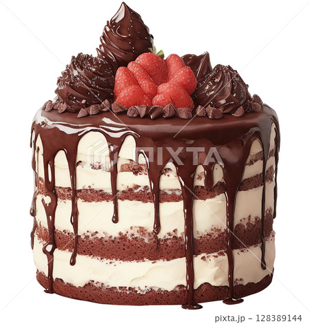 Watercolor painting of chocolate cake with chocolate frosting and strawberry topping, artistic food illustration isolated on white background 128389144