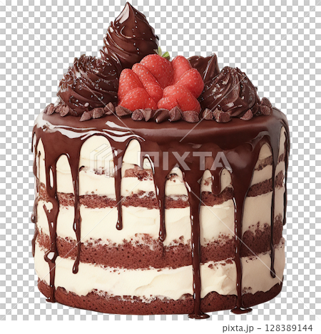 Watercolor painting of chocolate cake with chocolate frosting and strawberry topping, artistic food illustration isolated on white background 128389144