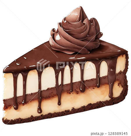 Decadent chocolate cake slice with rich chocolate frosting, watercolor food illustration isolated on white. Hand-painted dessert with realistic texture and drips 128389145