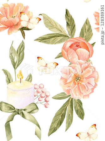 White candles, green tropical leaves, butterflies seamless pattern on white background. Hand-painted. Ideal for romantic decor, wedding design, gift wrapping, packaging, branding and stationery 128389161