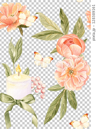 White candles, green tropical leaves, butterflies seamless pattern on white background. Hand-painted. Ideal for romantic decor, wedding design, gift wrapping, packaging, branding and stationery White candles, green tropical leaves, butterflies seamless pattern on white background. Hand-painted. Ideal for romantic decor, wedding design, gift wrapping, packaging, branding and stationery 128389161