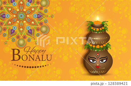 Happy Bonalu, traditional Telugu Festival in Telangana State, Hyderabad, Secunderabad. Bonalu Panduga Subakanshalu. Pots and Indian flowers on Rangoli mandala background 128389421
