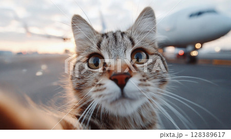 cute cat in a hat takes a selfie on the phone in front of the plane at the airport waiting for boarding flying on vacation 128389617
