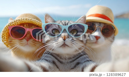 cute cats friends in hat on beach on vacation taking selfie on phone 128389627