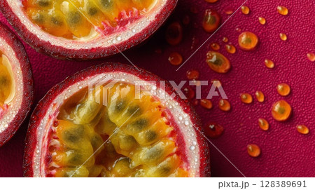 Closeup of Halved Passion Fruits on Red Background 128389691