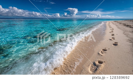 Footprints in the Sand on a Turquoise Ocean Beach 128389692